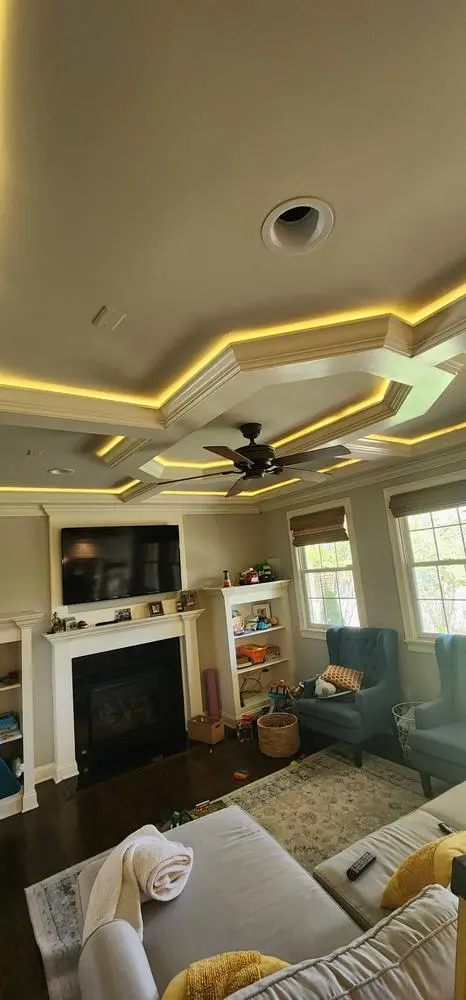 LED strip lighting in a living room tray ceiling
